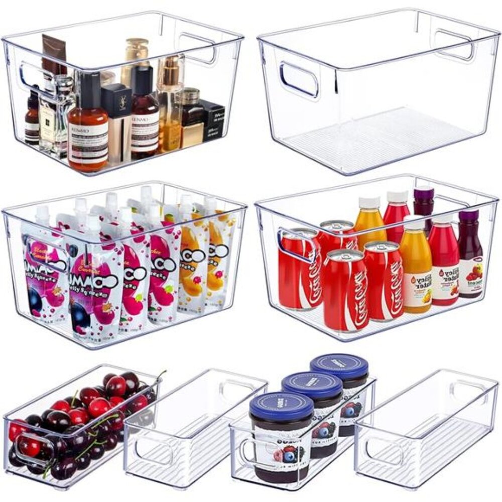 Set of 8 Clear Plastic Storage Bins Pantry Kitchen Organization Stackable Contai